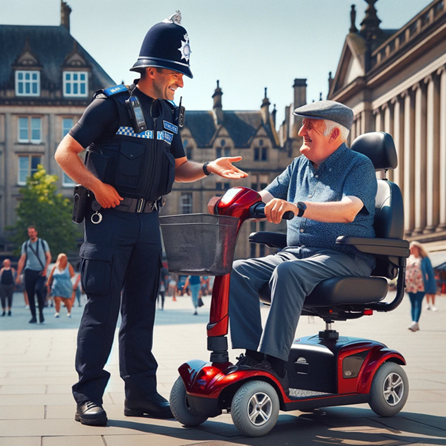 old man on a mobility scooter talking to uniformed Policeman